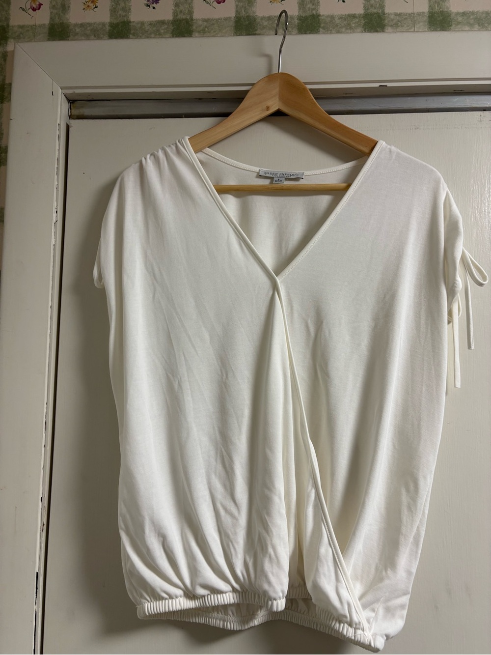 Green Envelope Ivory Wrap-Style Short Sleeve Top